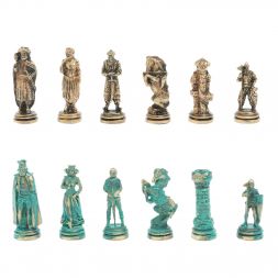 Шахматы "Рыцари" фигуры бронза / патина 28х28 см из змеевика и мрамора