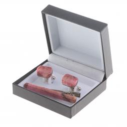 Набор запонки закругленные и зажим для галстука камень родонит