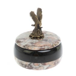 Шкатулка круглая "Орел" из креноида и змеевика 10,5х10,5х11 см