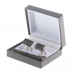 Набор запонки прямоугольные и зажим для галстука камень актинолит