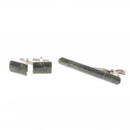 Набор запонки прямоугольные и зажим для галстука камень актинолит