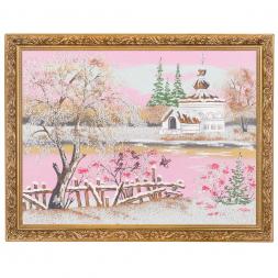 Картина "Церковь и снегири" багет 36х46 см, каменная крошка