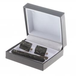 Набор запонки прямоугольные и зажим для галстука камень мусковит