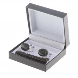 Набор запонки овальные и зажим для галстука камень мусковит