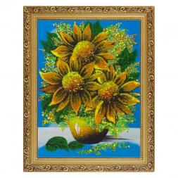 Картина с рисунком из камня "Подсолнухи в вазе" в багете 36х46 см сиреневый фон