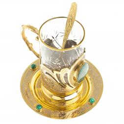 Чайная пара "Малахитовая" тарелка и подстаканник с ложкой Златоуст
