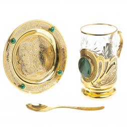 Чайная пара "Малахитовая" тарелка и подстаканник с ложкой Златоуст