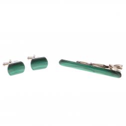 Набор запонки закругленные и зажим для галстука малахит