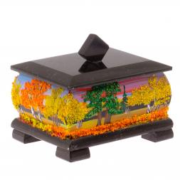Шкатулка из черного змеевика "Осенний пейзаж" 12х10х9,5 см