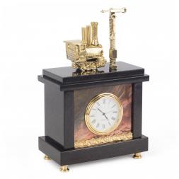 Часы "Паровоз с семафором" камень яшма бронза