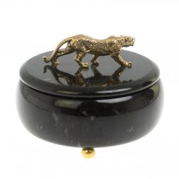 Шкатулка круглая "Гепард" из черного змеевика 15х15х12 см