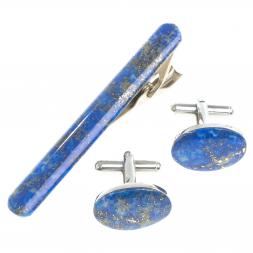 Комплект зажим для галстука и запонки овальные лазурит