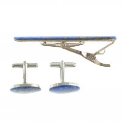 Комплект зажим для галстука и запонки овальные лазурит