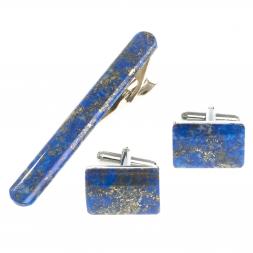 Набор запонки прямоугольные и зажим для галстука лазурит