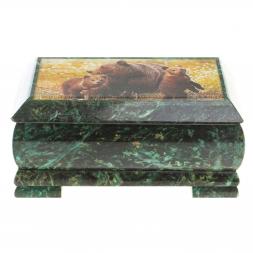 Шкатулка с иллюстрацией "Медведица с медвежатами" камень змеевик 17,5х9,5х7,5 см