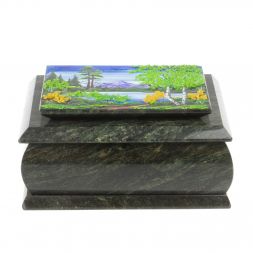 Шкатулка с рисунком "Лето в горах" из змеевика 16х12х7,5 см