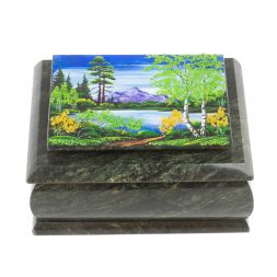 Шкатулка с рисунком "Лето в горах" из змеевика 16х12х7,5 см