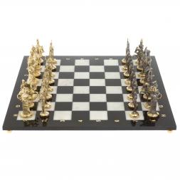 Шахматы с фигурами из бронзы "Русские" доска мрамор долерит 37х37 см