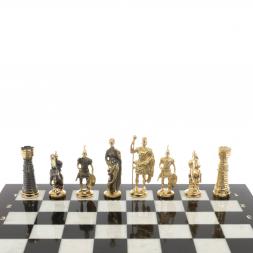 Шахматы с фигурами из бронзы "Римские" доска мрамор долерит 37х37 см