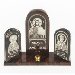 Икона триптих "Спаситель, Матрона, Николай" камень обсидиан