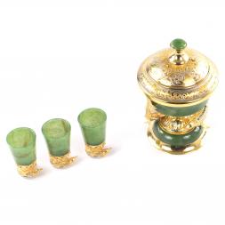 Подарочный набор "Икорница две рыбки со стопками" камень нефрит