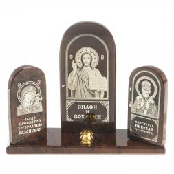 Икона триптих "Спаситель, Казанская, Николай" камень обсидиан