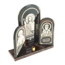 Икона триптих большая "Спаситель, Семистрельная, Николай" камень обсидиан