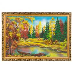 Картина "Лодка на озере осень" багет 46х66 см повтор 9658, каменная крошка