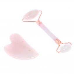 Подарочный набор роликовый массажер и скребок гуаша из розового оникса