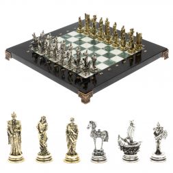 Шахматы "Троянская война" из мрамора и змеевика доска 28х28 см
