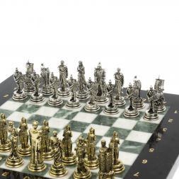 Шахматы "Троянская война" из мрамора и змеевика доска 28х28 см