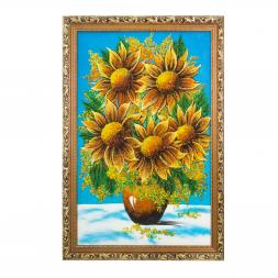 Картина "Букет подсолнухов" багет 46х66 см каменная крошка голубой фон