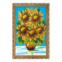 Картина "Букет подсолнухов" багет 46х66 см каменная крошка голубой фон