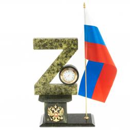 Часы "Z" на подставке с гербом и флагом камень змеевик