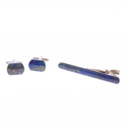 Набор запонки закругленные и зажим для галстука камень лазурит