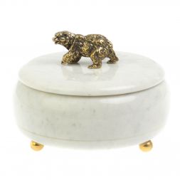 Шкатулка круглая "Медведь" из белого мрамора 15х15х11 см