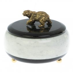 Шкатулка "Медведь" из белого мрамора и змеевика 15х15х11 см