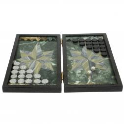 Каменные нарды "Роза ветров" серый мрамор и офиокальцит