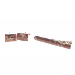 Набор запонки прямоугольные и зажим для галстука камень авантюрин