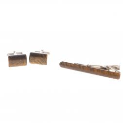 Набор запонки прямоугольные и зажим для галстука камень тигровый глаз