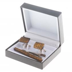 Набор запонки прямоугольные и зажим для галстука камень тигровый глаз