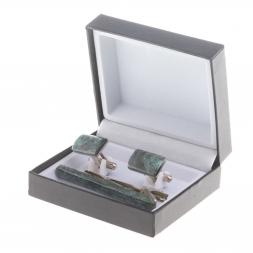 Набор запонки прямоугольные и зажим для галстука камень зеленый апатит