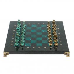 Шахматы "Стаунтон" фигуры бронза / патина 28х28 см из змеевика