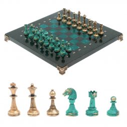 Шахматы "Стаунтон" фигуры бронза / патина 28х28 см из змеевика